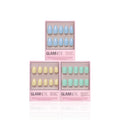 Three boxes of Glamnetics Anns Palette press-on nails in pastel blue, yellow, and green are arranged in a triangle on a white background. Each box shows glossy finish nails through a clear window—ideal for spring manicures.