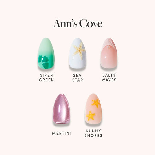 Discover Ann’s Cove by glamnetic: five coastal scene-inspired press-on nails with 3D designs—Siren Green waves, Sea Star blue with starfish, Salty Waves pink with shell, Mertini shimmer pink, and Sunny Shores peach with yellow starfish.
