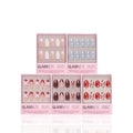 Ann’s Festive Five by glamnetic features five boxes of press-on nails in assorted designs and colors—nude, light blue, maroon, red with candy-inspired patterns—ideal for holiday or party manis, displayed against a white background.