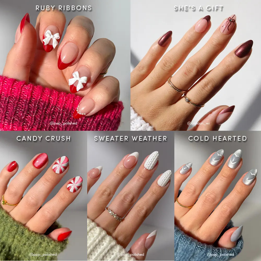 A collage features six hands in cozy sweaters, each showing a festive mani from glamnetic's Ann's Festive Five: red ribbons, metallic red, candy swirls, soft pink, white knit, and silver-blue styles.