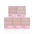 Five boxes of glamnetic Anns Sweethearts press-on nails in assorted nude and pink designs, featuring French tips, short almond shapes, and white floral, heart, and bow patterns, displayed on a white background.
