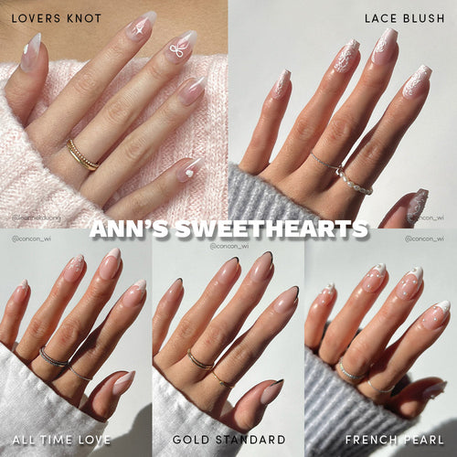 A collage displays five hands with glamnetic’s Anns Sweethearts set in nude and white nail designs—Lovers Knot, Lace Blush, All Time Love, Gold Standard, and French Pearl. Each hand wears dainty rings. Text: ANNS SWEETHEARTS.