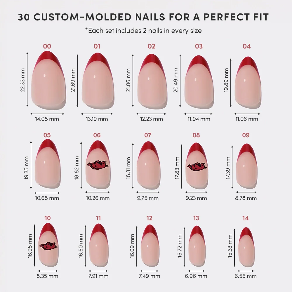 A chart displays all 15 sizes of the glamnetic Arkansas Razorbacks Press-On Nail Set, each labeled by number with width and length (mm). Pink nails have red French tips, some with red lips designs for a bold game day look.