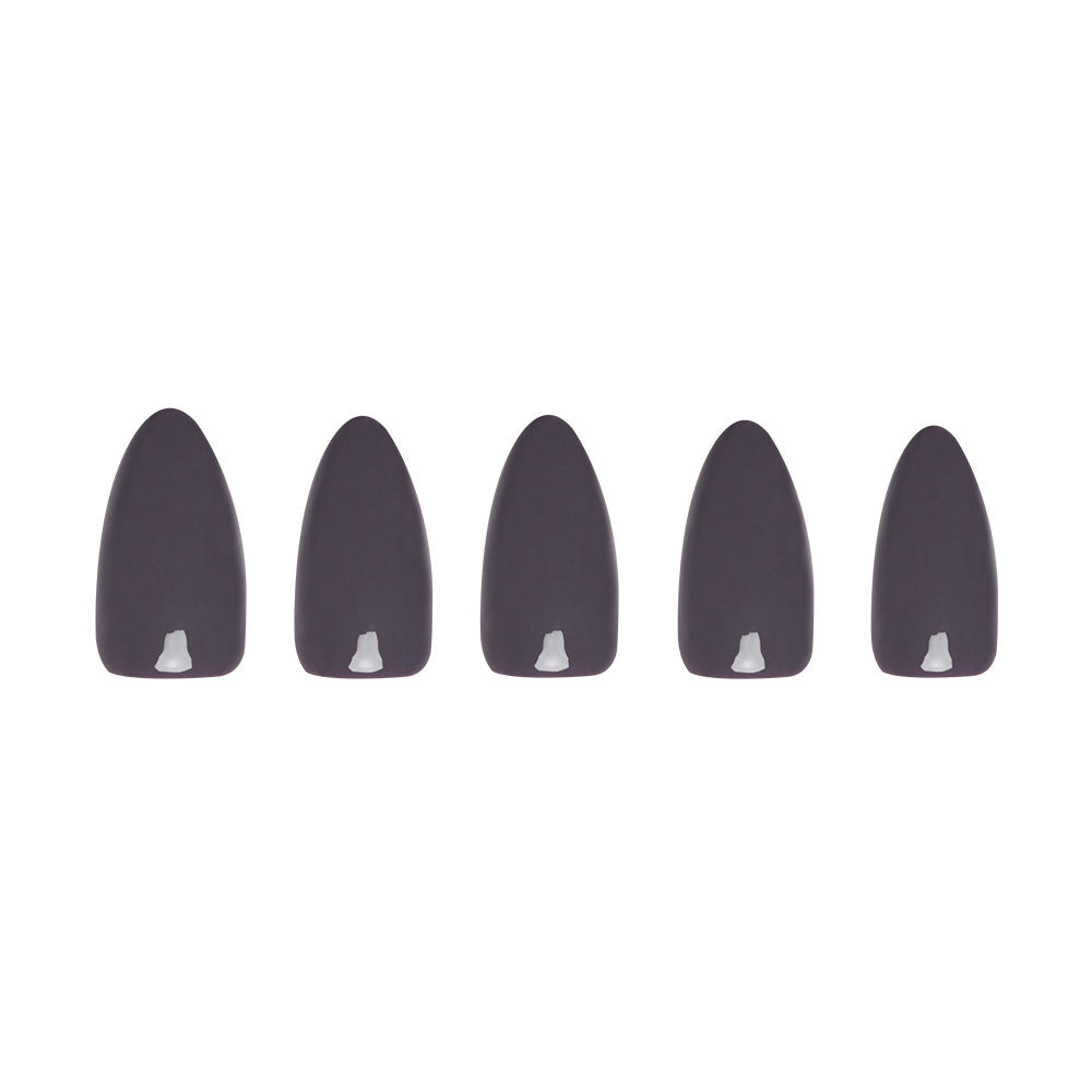 Five identical dark gray, teardrop-shaped objects with small white tips are evenly spaced in a row on a white background, resembling the Ash Gray press-on nail set by glamnetic.