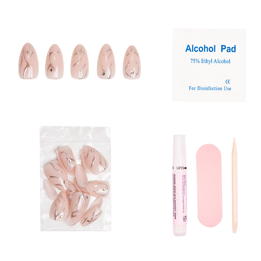 The glamnetic Astro Nail Set includes short almond nude nails with 3D chrome swirls, an alcohol pad, pink nail file, wooden cuticle stick, glue tube, and extra nails in a plastic bag.