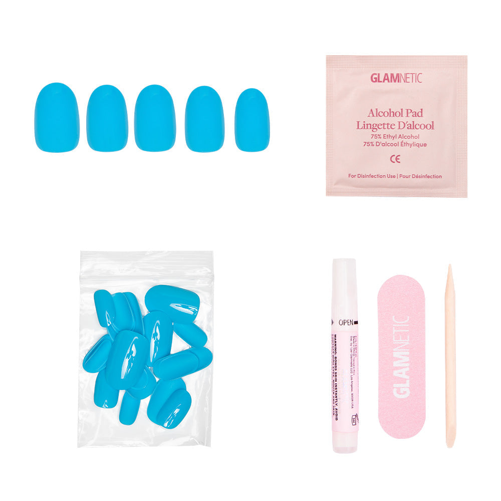 The glamnetic Azure Blue press-on nails set adds summer flair to your look and includes extra nails, a glue pen, alcohol pad, pink file, and cuticle stick—everything you need for lasting wear.