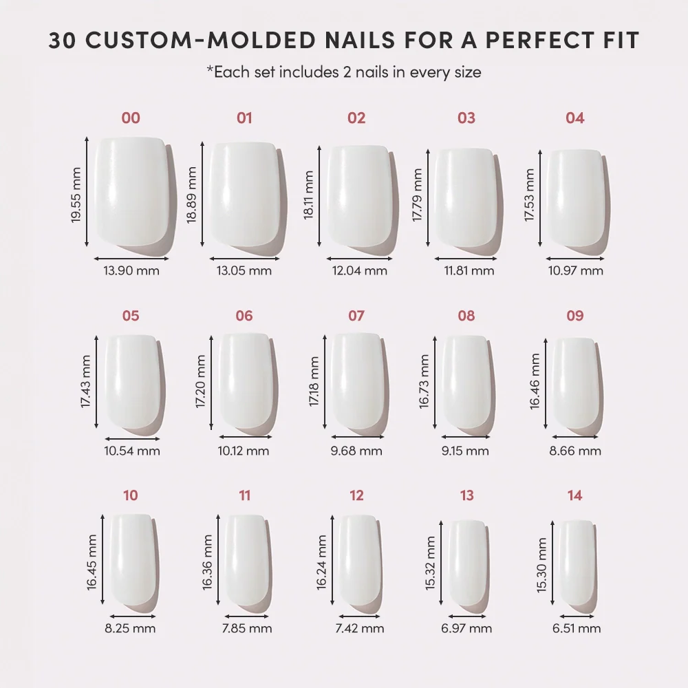 A size chart for glamnetics Bailey shows 15 white custom-molded fake nails in a semi-transparent glaze, each labeled with numbers and their specific height and width (in mm) for a precise fit.