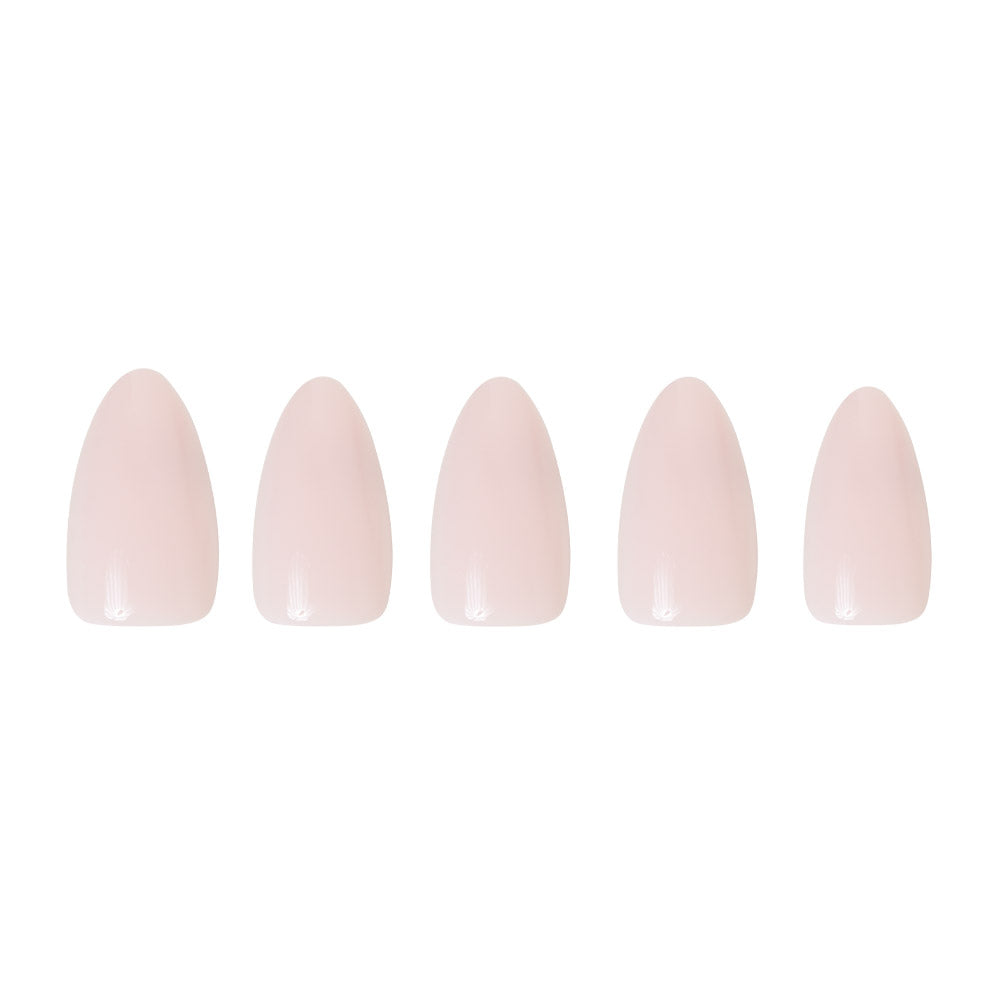 Five glossy short almond artificial nails from glamnetic in Ballet Pink are arranged in a row against a white background.