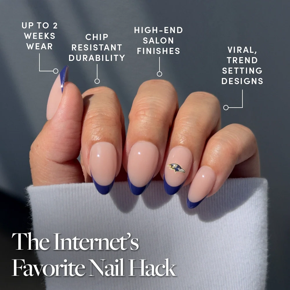 Show off your team spirit with glamnetics Baltimore Ravens Press-On Nail Set—long, almond-shaped nude nails with dark blue French tips and a metallic accent. Enjoy salon-quality, chip-resistant, trendy football fan nails that last!.