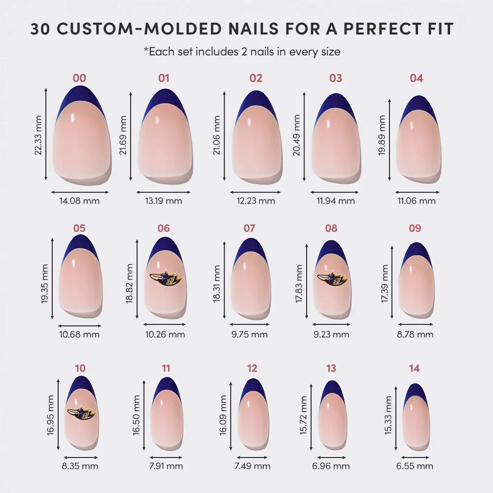 Chart showing 15 nail sizes in millimeters with blue French tip designs, inspired by a Ravens set. Each glamnetic Baltimore Ravens Press-On Nail Set includes 2 nails per size, totaling 30 custom-molded press-on nails for a perfect fit.