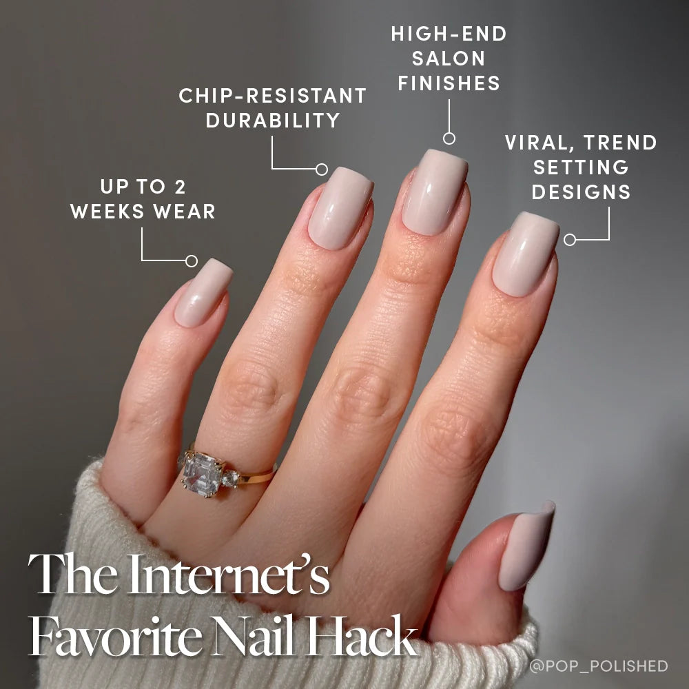 A hand with Bare Bliss nails by glamnetic in a light nude, medium square shape is shown, featuring chip-resistant durability, salon-quality finish, and trendy design. The text reads: The Internet’s Favorite Nail Hack.