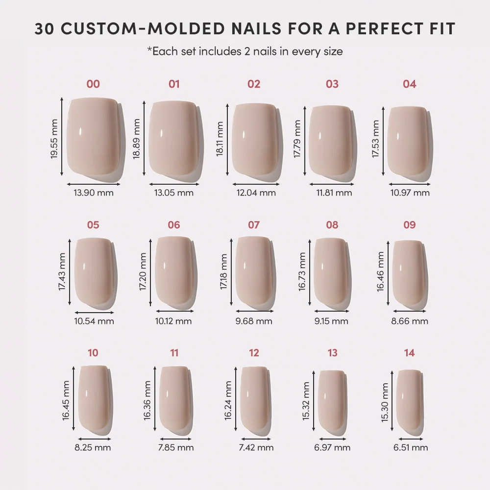 Diagram displaying 15 sizes of glamnetic’s Bare Bliss custom-molded artificial nails in medium square shape, each labeled by number with precise mm width and length, arranged in three rows and featuring an opaque finish.