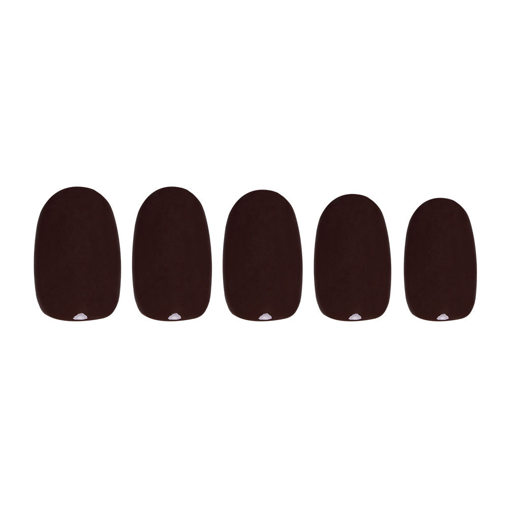 Five glamnetic Bark Brown artificial nails with a glossy finish are displayed in a row against a white background, ideal for creating an elegant fall forest-inspired manicure.