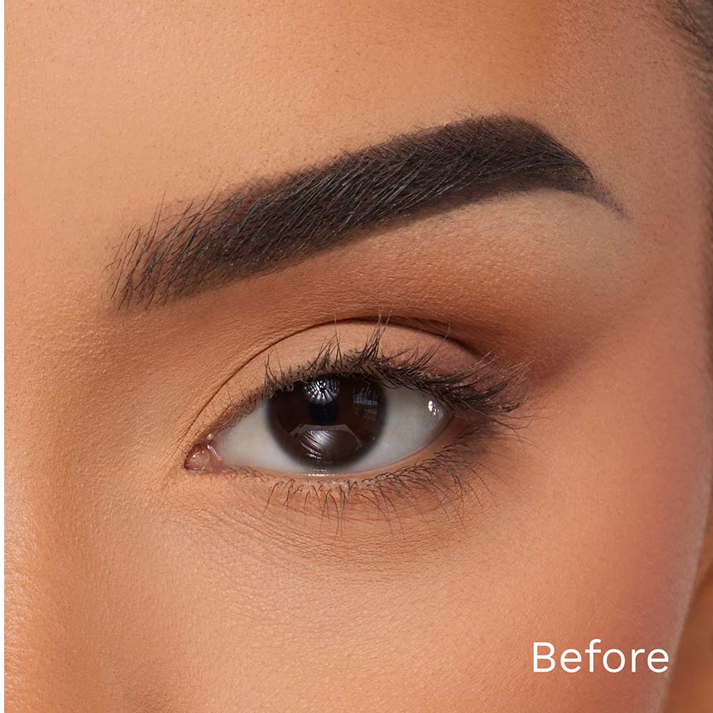 Close-up of a person’s eye and eyebrow with natural-looking makeup, enhanced with glamnetic Babygirl lashes for a subtle boost. Before appears in the bottom right corner.