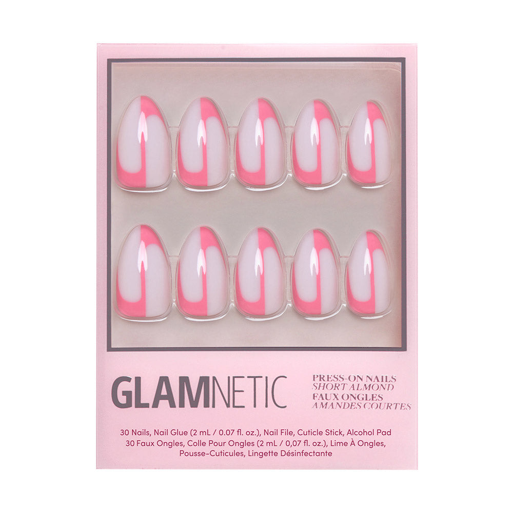 The glamnetic Better Half kit includes 10 short almond nails in milky white with pink and abstract line accents, plus nail glue, a file, cuticle stick, and alcohol pad.