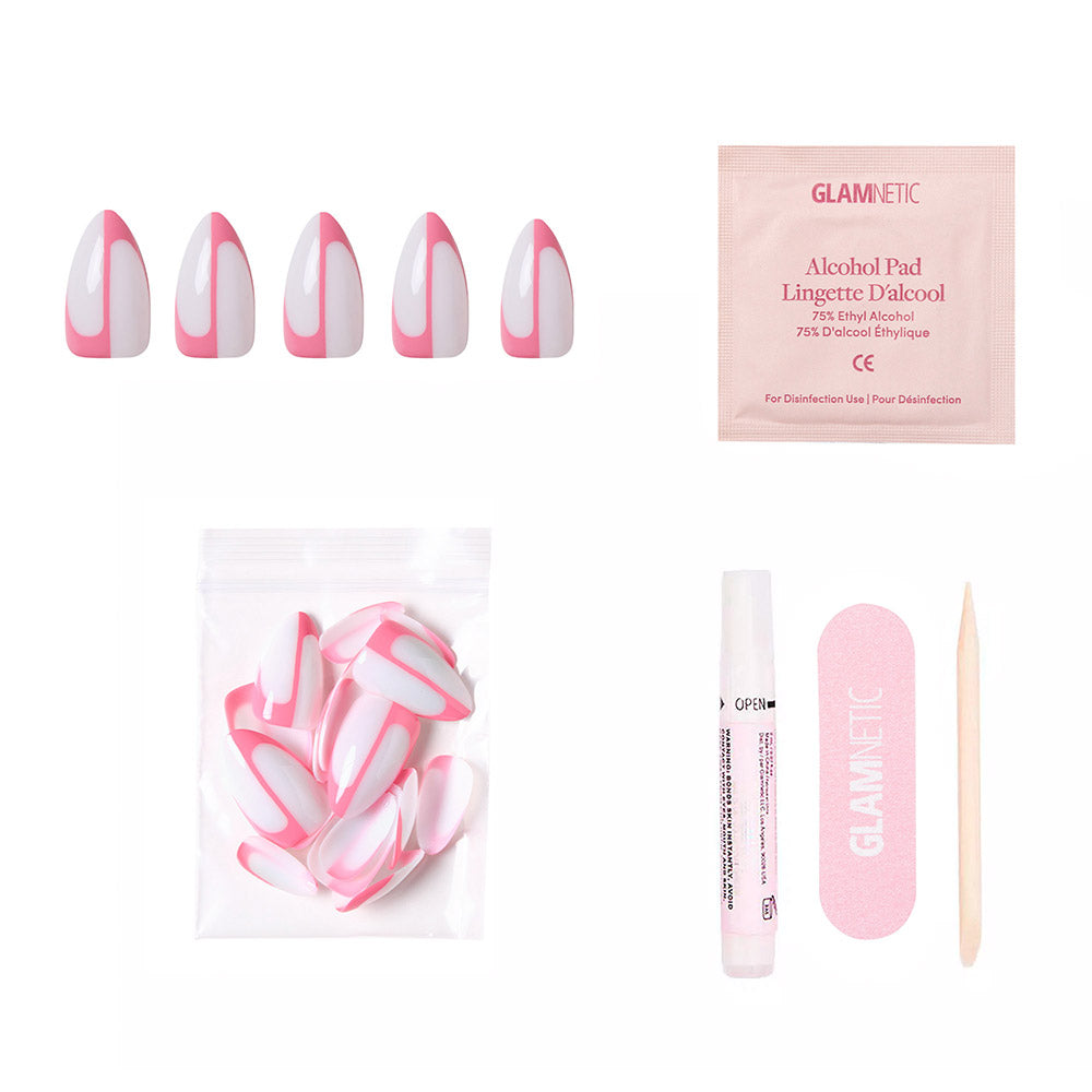 The glamnetic Better Half DIY press-on nails kit includes five short almond milky white nails with modern abstract lines, an alcohol pad, spare nails, nail glue, a pink file, and a wooden cuticle stick.