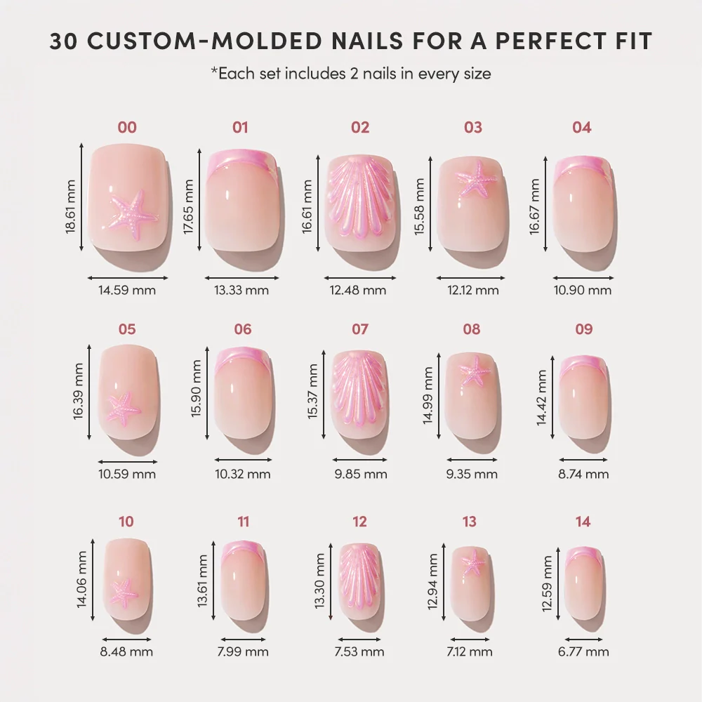 A chart showcases glamnetics Blush Dunes: a 15-piece press-on nail set with soft pink chrome tips and white star or shell designs, each labeled by number and exact size—ideal for tropical escapes and a personalized fit.