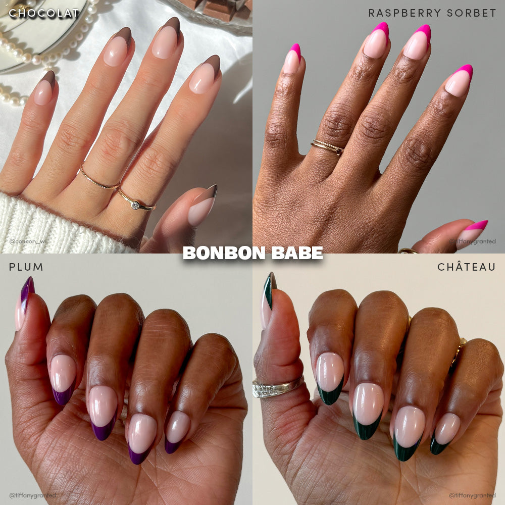A collage of four hands with almond-shaped French tips in brown (Chocolat), pink (Raspberry Sorbet), purple (Plum), and green (Château) from glamnetic’s Bonbon Babe. Vegan & cruelty-free. “Bonbon Babe” text appears in the center.