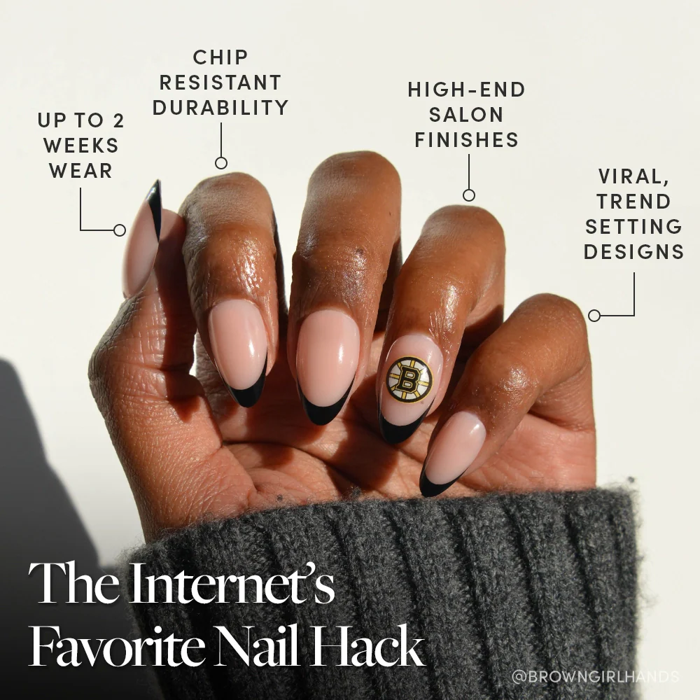 The glamnetic Boston Bruins Press-On Nail Set features almond-shaped nails with black French tips and a gold accent, offering up to 2 weeks of chip-resistant wear, a salon-quality finish, and trendy designs inspired by fandom French tips.