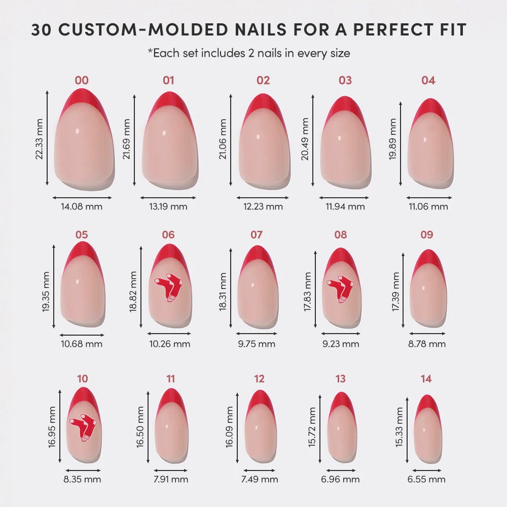 A chart displays the glamnetic Boston Red Sox Press-On Nail Set—15 custom-molded pink nails with bold red tips, each numbered 00–14, in various sizes, with width and length measurements shown.