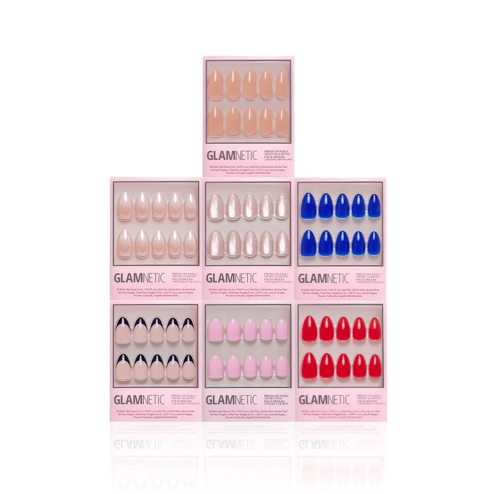 Glamnetic nail product packaging with various color options on a white background