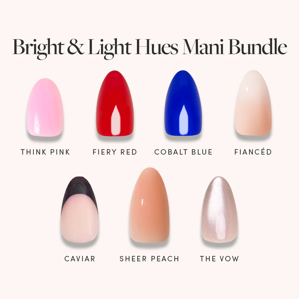 Nail polish color swatches labeled 'Think Pink', 'Fiery Red', 'Cobalt Blue', 'Fiancéd', 'Caviar', 'Sheer Peach', and 'The Vow' on a white background.
