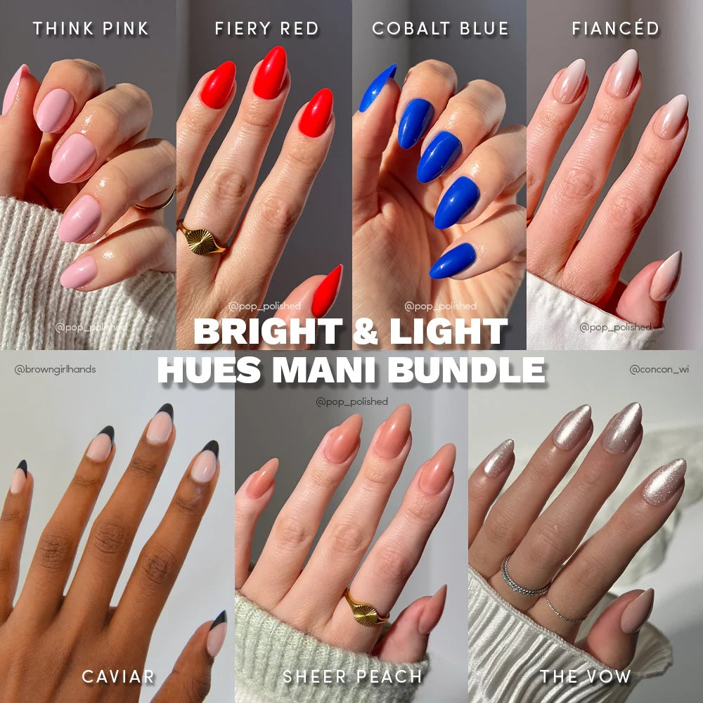 Collage of hands with different nail color swatches labeled 'Think Pink', 'Fiery Red', 'Cobalt Blue', 'Fiancé', 'Caviar', 'Sheer Peach', and 'The Vow'.