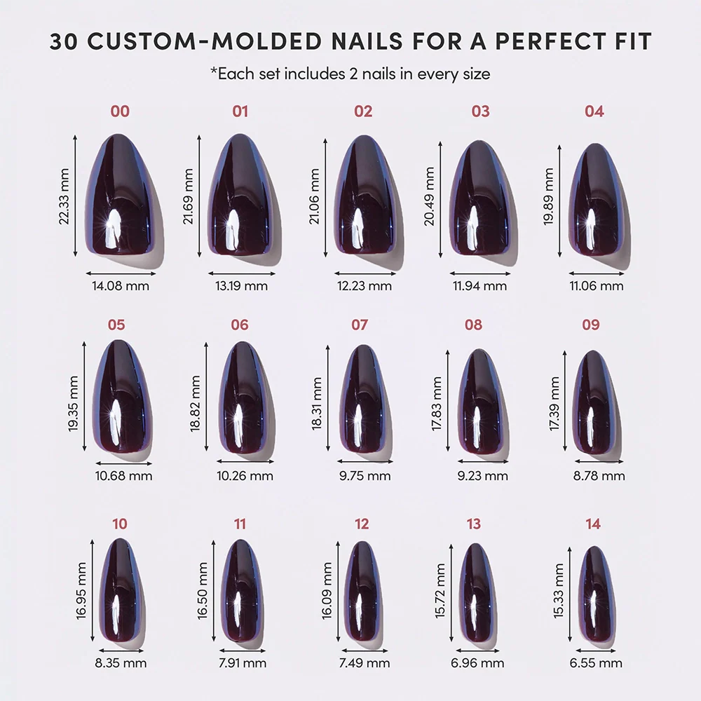 A chart displays 15 sizes of glamnetic Burgundy Chrome nails in a dark glossy finish, each labeled with size, length, and width (mm)—30 reusable press-on nails per set for a perfect custom fit.