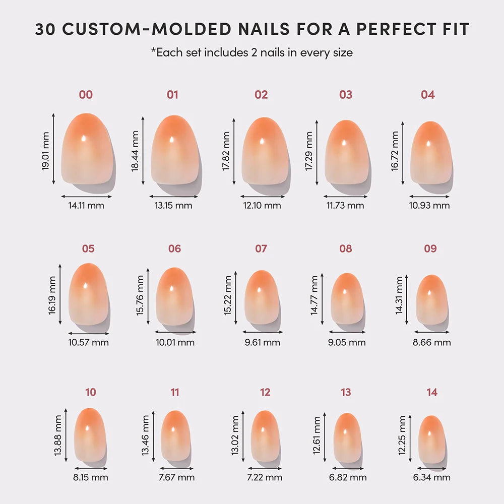 Image displays 15 custom-molded glamnetic Candy Corn Halloween nails, each numbered with precise length and width in millimeters. Text above reads: 30 orange ombré Candy Corn nails for a perfect fit.