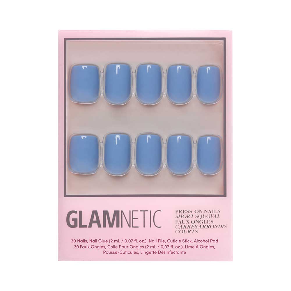 The glamnetic Cashmere Blue Nail Set includes ten short, squoval, solid blue vegan and cruelty-free press-on nails, displayed in a pink box for easy, chic style.
