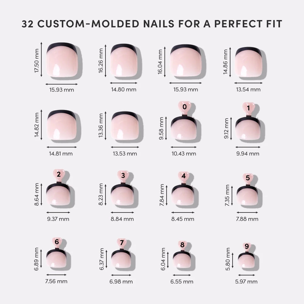 Illustration of 32 custom-molded nails with measurements on a white background