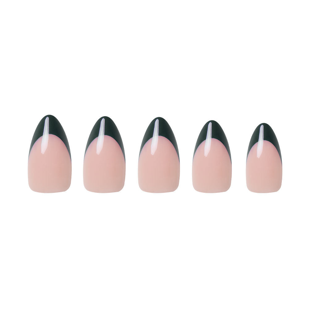 Five artificial nails from glamnetics Château set, featuring a nude base and pointed dark green French tips with a thin white center line, are displayed against a white background.
