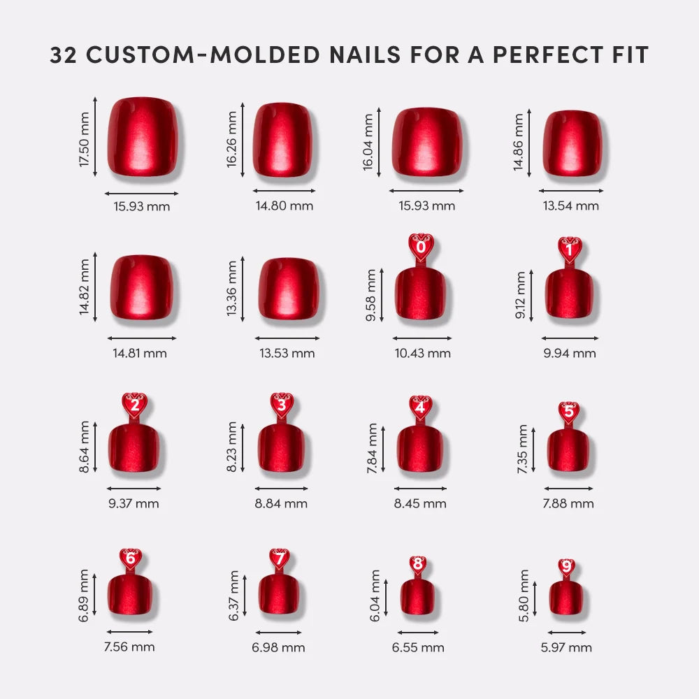 Illustration of 32 custom-molded nails with measurements on a white background
