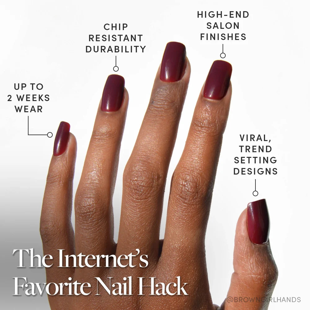 A hand with Cherry Mocha gloss from glamnetic, medium square nails labeled: up to 2 weeks wear, chip resistant durability, high-end salon finishes, and viral, trend setting designs. Text: The Internet’s Favorite Nail Hack.