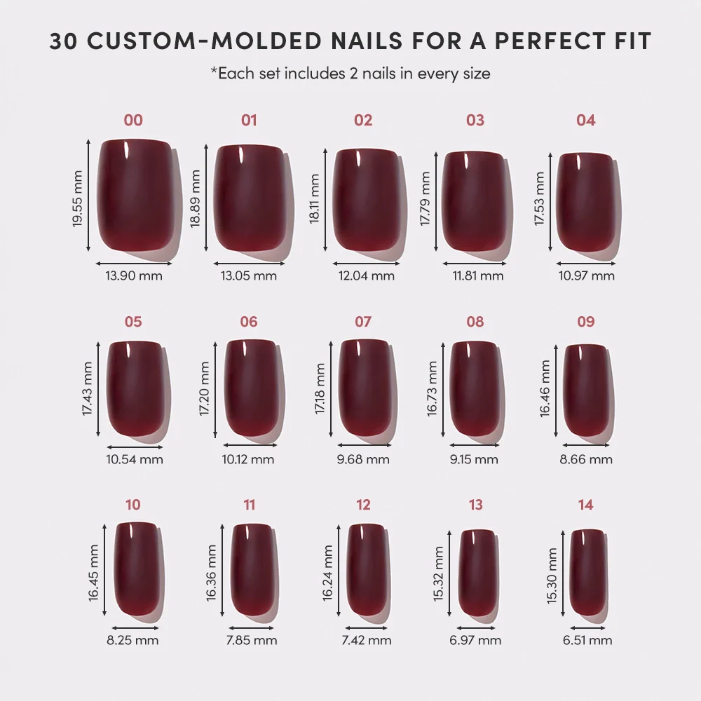 A chart shows 15 Cherry Mocha (glamnetic) custom-molded medium square nails, sizes 00–14, cherry brown gloss finish, each with width and length in mm below. All vegan, cruelty-free sets include 2 nails of every size.