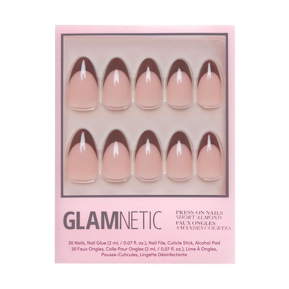 A box of glamnetic Chocolat short almond nails in earthy pink and nude ombre tones. Includes 10 nails in two rows, nail glue, and accessories at the bottom.