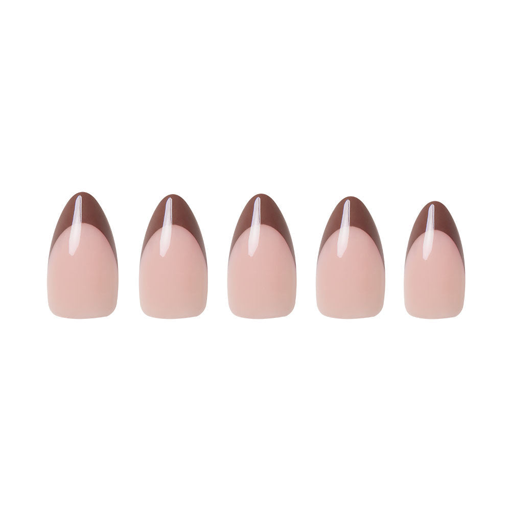 Five Chocolat nails by glamnetic, featuring a nude base with glossy dark brown angled French tips, are displayed in chic earthy tones against a white background.