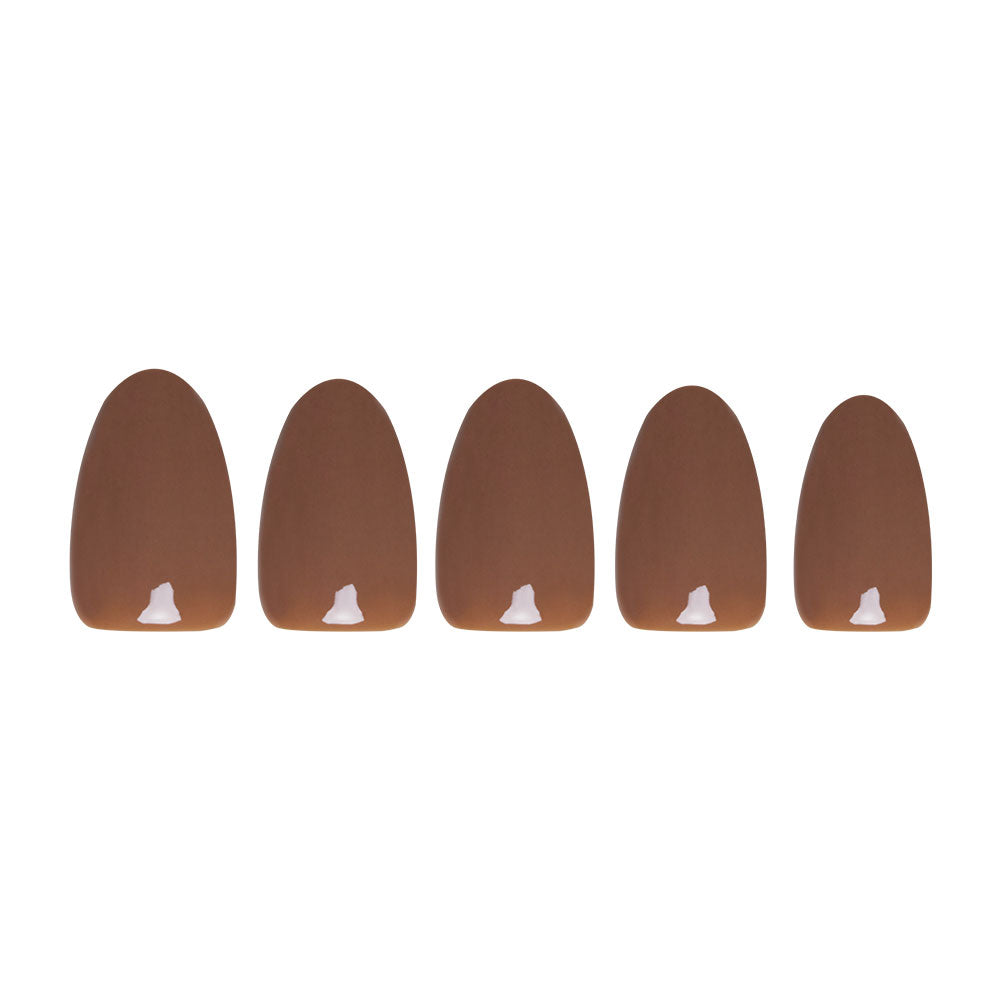 Five glamnetic Chocolate Brown press-on nails are arranged in a row, each with a small white tip at the base, evoking cozy Fall Forest vibes against a clean white background.