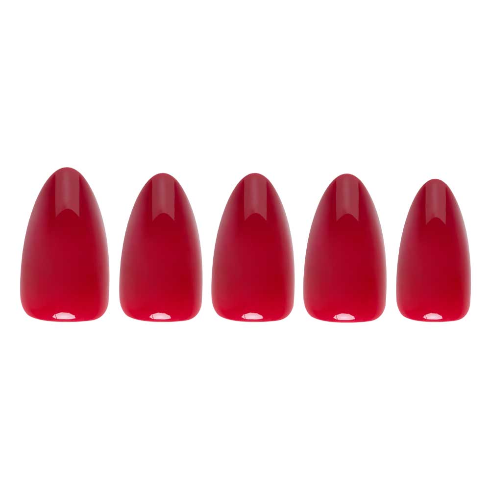 Five almond-shaped artificial nails from glamnetic, painted in a glossy Classic Red finish, are arranged in a row on a white background to create an elegant nail set.