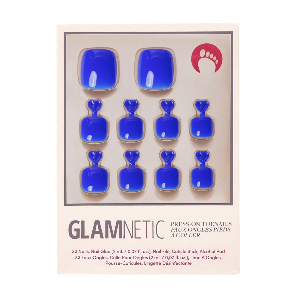 A box of Glamnetic press-on toenails in a bold, glossy cobalt blue color.