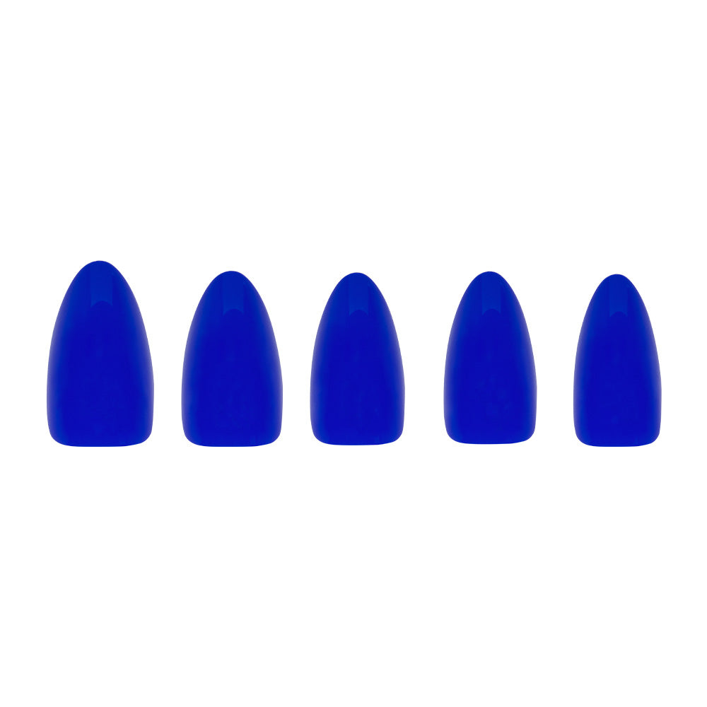 Five glossy, short almond-shaped artificial nails in Cobalt Blue by glamnetic are arranged horizontally on a white background—perfect for your next summer adventure.