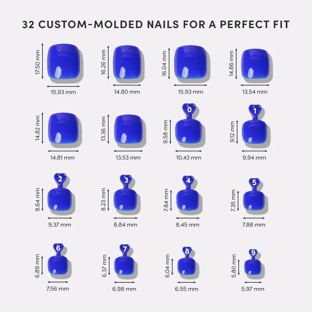 Illustration of 32 custom-molded nails with measurements on a white background