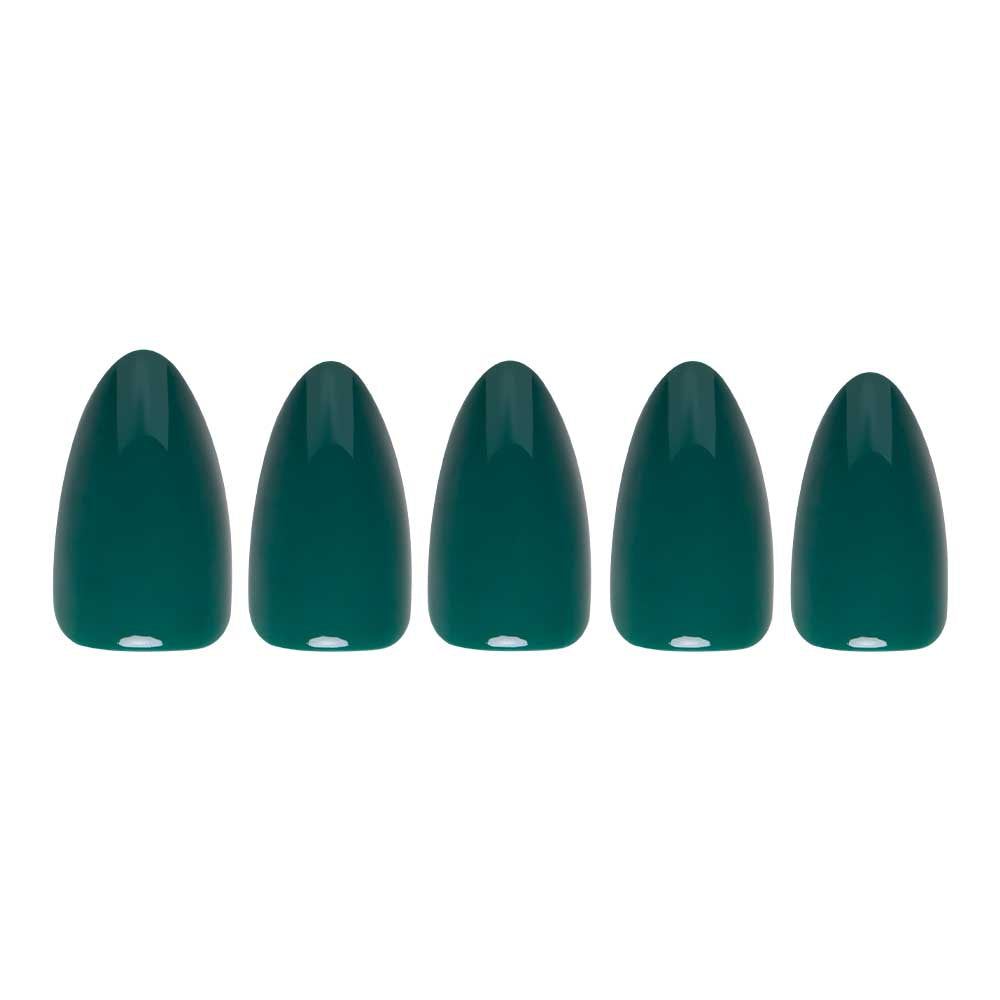 Five glamnetic Emerald Green artificial fingernails with a glossy finish are arranged in a row on a white background.