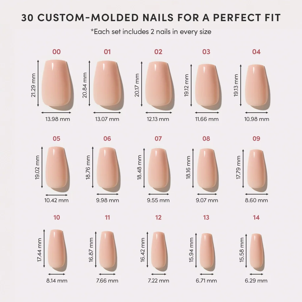 The glamnetic Exposed set features a chart of 15 coffin-shaped, custom-molded artificial nail sizes (00–14), each labeled with width and length measurements in millimeters. The set includes 2 nails per size, totaling 30 nails.