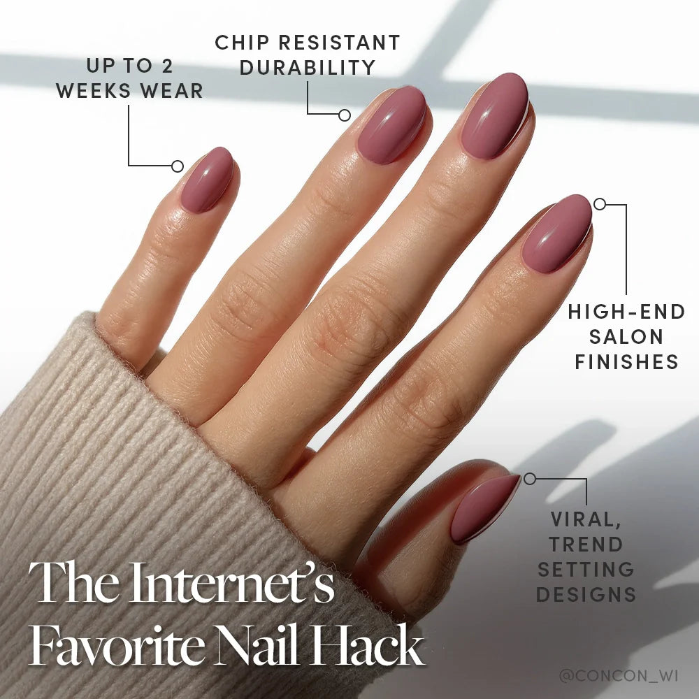 A hand with glossy, mauve Fall Mauve press-on nails by glamnetic is shown. Text highlights up to 2 weeks wear, chip-resistant durability, salon-quality finish, and trending fall styles. A sweater sleeve covers the wrist.