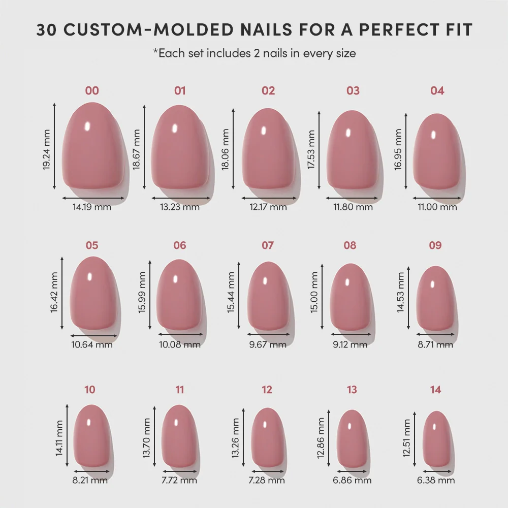 A chart shows 15 sizes of pink glamnetic Fall Mauve custom-molded press-on nails, each labeled with number, length, and width. Top text: 30 custom-molded nails for a perfect fit—ideal for Fall Mauve lovers.