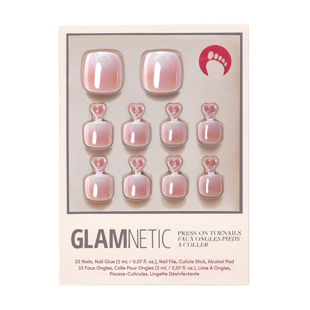 A box of Glamnetic press-on toenails in a pearly pink shimmer shade.