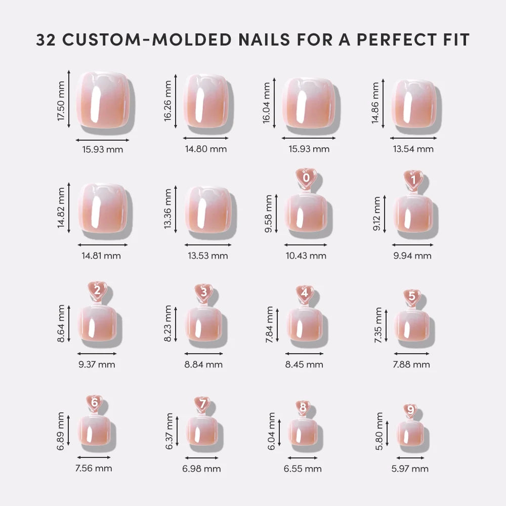 Illustration of 32 custom-molded nails with measurements on a white background
