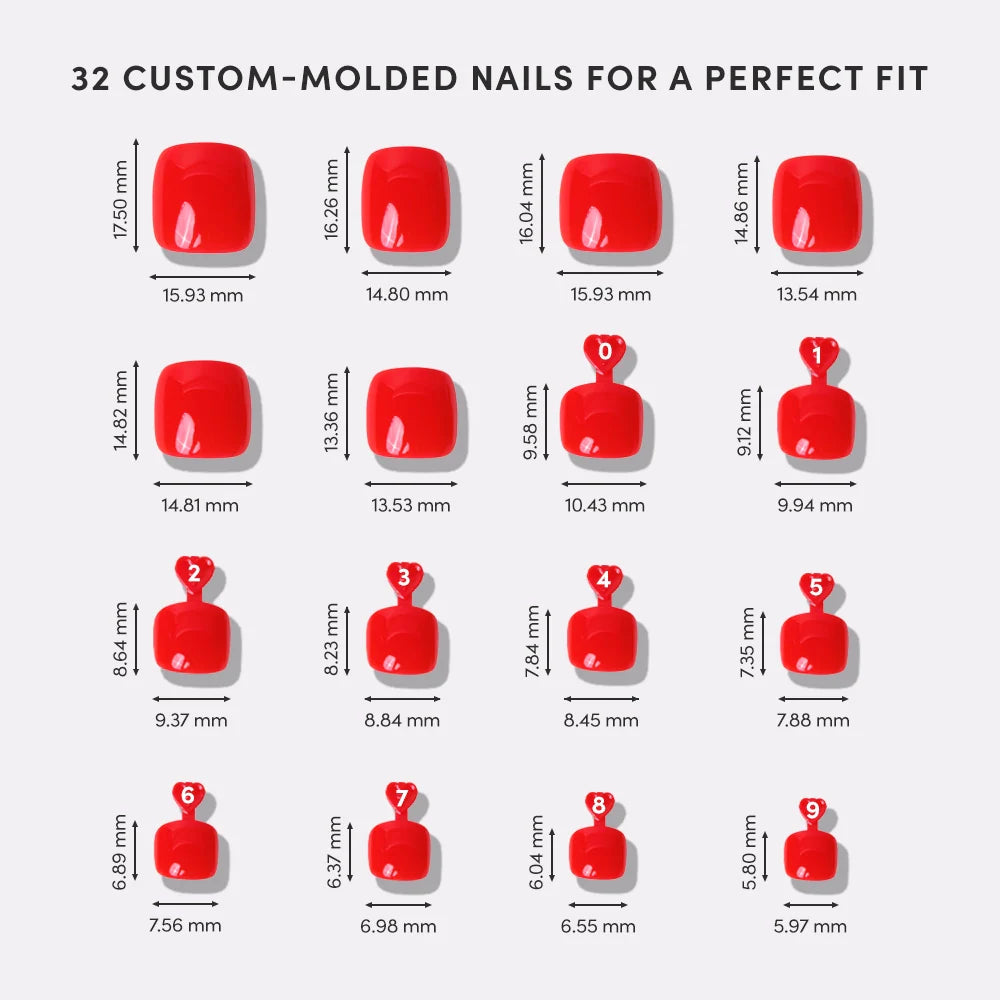 Illustration of 32 custom-molded nails with measurements on a white background