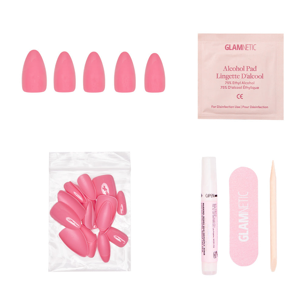 The glamnetic Flamingo Pink set includes short almond nails, extra nails, nail glue, an alcohol pad, a pink nail file, and a wooden cuticle stick—ideal for your summer adventures.